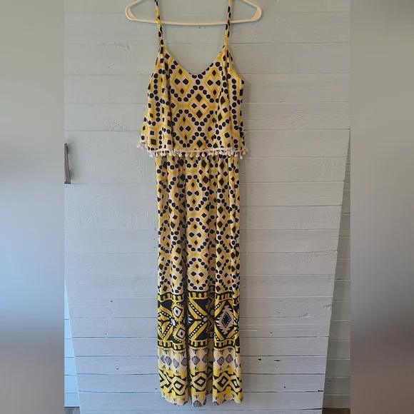 NWT Magic Yellow Black Maxi Length Strappy Mix Print Sleeveless Dress Size Small - Picture 1 of 6
